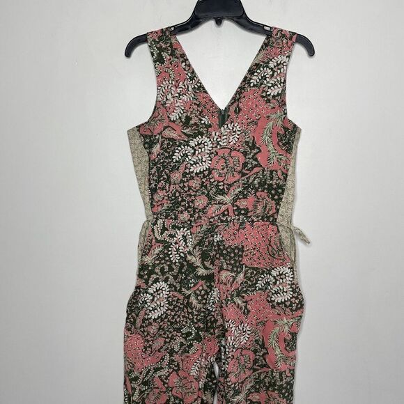 WARM Jumpsuit Womens Medium Floral V-Neck Sleeveless Green Pink Wide Leg Pockets - Picture 3 of 11